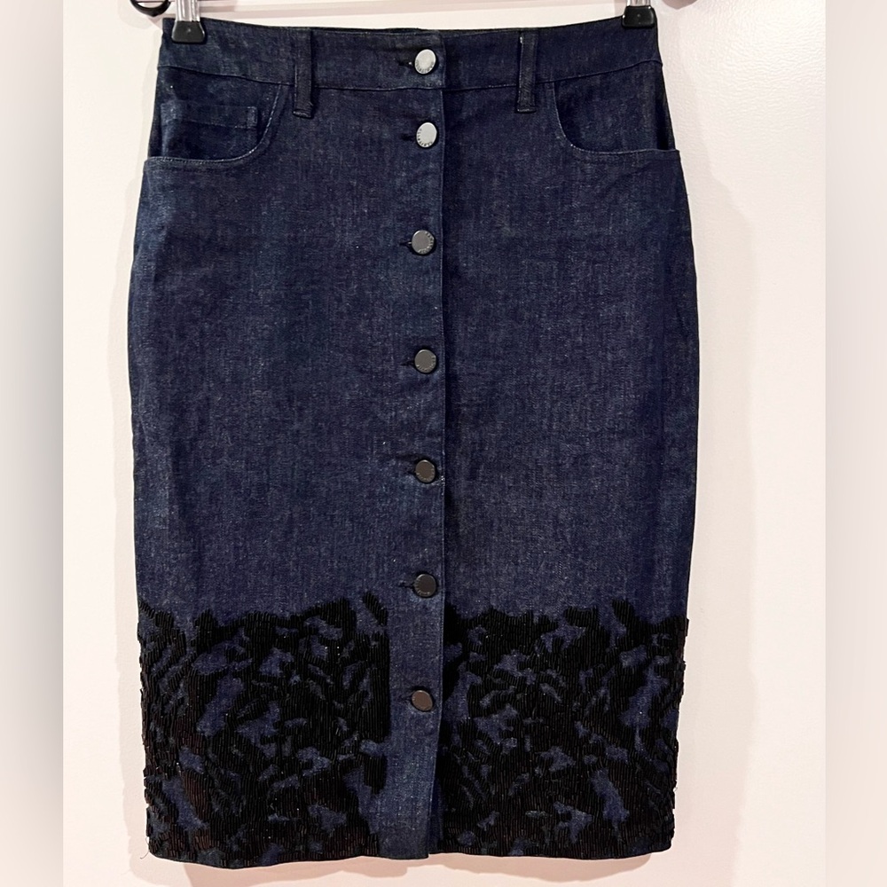 All Saints embroidered denim skirt